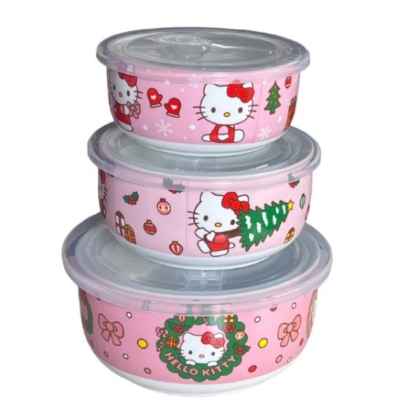 Hello Kity Christmas Food Storage Stacking Bowls Set with Lids Sm/Md/L Bowls NWT - Picture 2 of 2